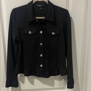 Baccini Women's Petite Black Knit ruffle Jacket with Silver Buttons